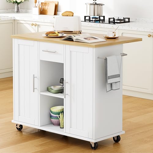 Shintenchi Kitchen Island with Storage, Bar Cart Cabinet Island Table on Wheels, Rolling Microwave Cart for Kitchen with Drop Leaf, Drawers, Towel Rack, Seating Area for Dining Room, White - color: White-42 Inch