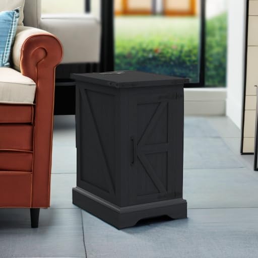 Farmhouse 17" Nightstand with Charging Station, Black | Rectangular/ Rustic End Table with Barn Door /Adjustable Shelf/ Wood Sofa Side Table/ for Living Room, Bedroom - color: Black Color