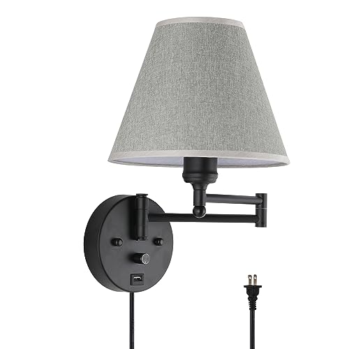 Swing Arm Wall Lamp.Wall Mount lamp with Dimmable Switch.Plug in Wall Sconces with USB Charging Port. Black Sconces Wall Lighting Suitable for Bedroom,Living Room. - color: Black