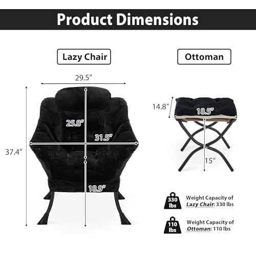 Youtanic Lazy Chair with Folding Ottoman, Accent Chair Plush Upholstered with Metal Structure and Non-Slip Pads, Sofa Armchair with Footrest and Side Storage Bag for Dorm, Room, Office, Black - color: Plush Black