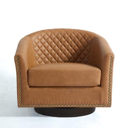 Faux Leather Swivel Accent Chair, Modern Barrel Club Armchair, Coffee | Comfy Living Room Chair, Modern Nailhead Trim Round Armchair Bedroom Reading Seat with Removable Cushion, Wood Frame - color: Retro Coffee