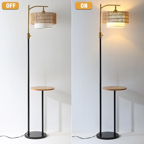 Dimmable Floor Lamp with Table and Marble Base, Arc Floor Lamp with Dimmable Bulb, Boho Farmhouse Standing lamp with Fabric & Rattan Lampshades for Living Room Bedroom (Black and Gold) - color: Black and Gold