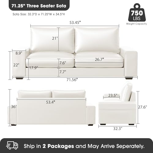 Faux Leather Couch, Mid Century Modern Comfy Loveseat Sofa with Wide Arm, Side Pockets, Solid Wooden Frame for Office, Living Room and Bedroom, 2 Seater (White, 71.25 Inches) - color: White, size: 71.25 inches