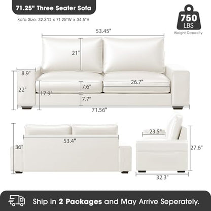 Faux Leather Couch, Mid Century Modern Comfy Loveseat Sofa with Wide Arm, Side Pockets, Solid Wooden Frame for Office, Living Room and Bedroom, 2 Seater (White, 71.25 Inches) - color: White, size: 71.25 inches