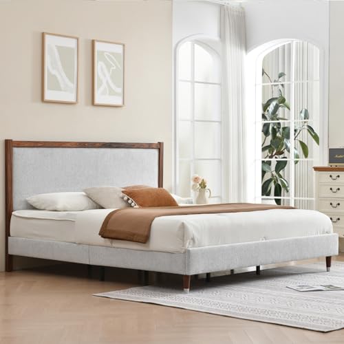 YUHUASHI King Upholstered Platform Bed Frame with Solid Wood Trim Headboard, Linen Fabric Upholstery, Sturdy Slat Support No Box Spring Needed, Easy Assembly (Light Grey, King (U.S. Standard)) - color: Light Grey, size: King (U.S. Standard)