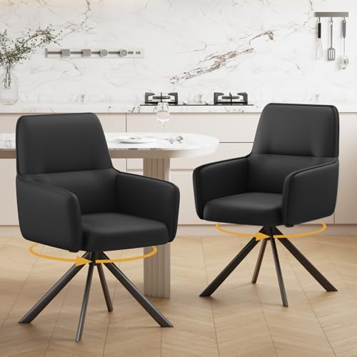 Modern Swivel Dining Chairs Set of 2, Upholstered Dining Room Chairs with Thicken Cushion, 360°Swivel Dining Chairs with Metal Legs for Dining Room, Kitchen, Bedroom, PU, Black - color: Black, size: Set of 2