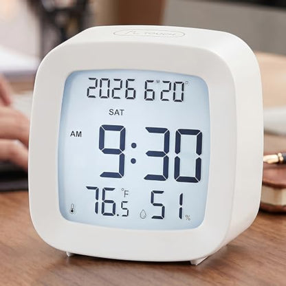 Digital Alarm Clock with Backlight, Snooze, Temp & Humidity Display,White | Time, Date & Weekday Temperature & Humidity Touch Backlight 5-Minute Snooze,Battery Operation Long Battery Life