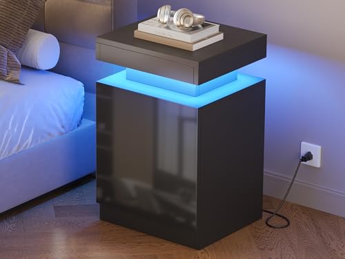 LED Nightstands Set of 2, 17 Inches Night Stand Set 2, Modern Bedside Table with LED Lights, High Gloss Surface, End Table with Storage for Bedroom, Black - color: Black-17"