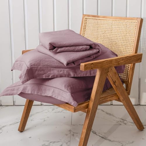 Simple&Opulence 100% Washed Linen Duvet Cover Set with Embroidered,2 Pieces Soft Farmhouse Comforter Set with Button Closure,1 Duvet Cover and 1 Pillowsham(Twin,Purple) - color: Embroidery Purple, size: Twin