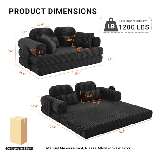 79" Convertible Sofa Bed with Side Pockets, 5-in-1 Corduroy Memory Foam Boneless Couch, Sleeper Loveseat, No Assembly Required, Folding Couches for Living Room (Black) - color: Black, size: 79" High Backrest Sofa with Pocket