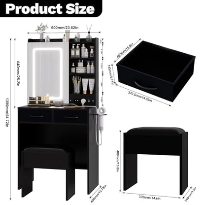 Black Makeup Vanity Desk with Mirror and Lights, Vanity Table Set with Charging Station, Dressing Table with Stool, 2 Drawers, Open Shelves, Power Outlets & USB Ports, Vanity Desk with RGB Cabinets - color: Black