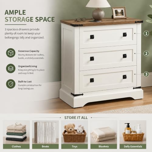 T4TREAM 32" Farmhouse 3 Drawer Dressers, Large End Table w/Charging Station | Rustic Wood Bedside Table for Bedroom, Living Room, Hallway, Antique White - color: Antique White, size: 15.8"D x 32"W x 32"H (3 Drawers)
