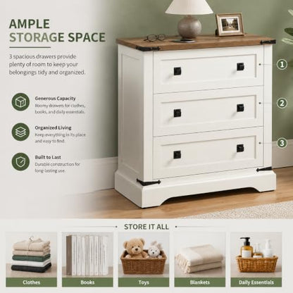 T4TREAM 32" Farmhouse 3 Drawer Dressers, Large End Table w/Charging Station | Rustic Wood Bedside Table for Bedroom, Living Room, Hallway, Antique White - color: Antique White, size: 15.8"D x 32"W x 32"H (3 Drawers)