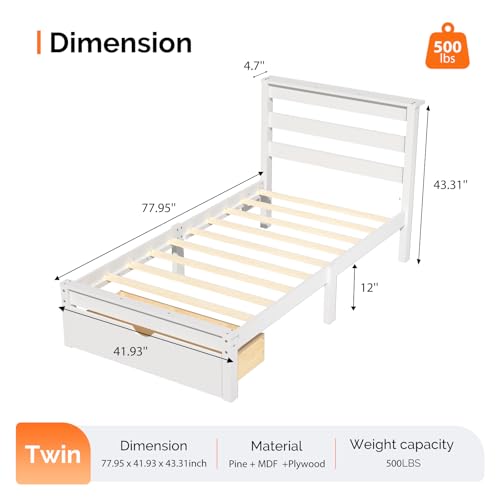 Bonnlo Solid Wood Twin Bed Frames with Headboard Shelf Storage,LED Lights,Charging Station, Platform Bed with Drawer,Easy Assembly,White - color: White, size: Twin /Shelf /Drawer
