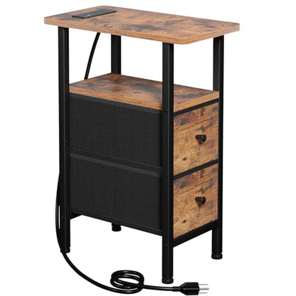 Narrow End Table with Charging Station, Small Nightstand | Skinny Side Tables Living Room with 2 Fabric Drawers, Slim Bedside Table for Bedroom, Small Spaces, Couch, Brown - color: Rustic Brown + Black, size: 23.22''H (2 Drawers), style: Power