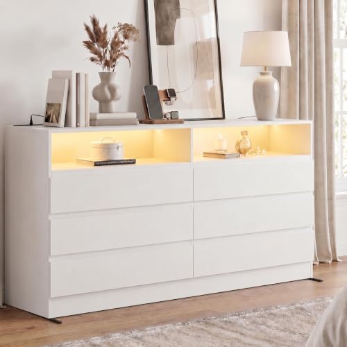Gyfimoie White 6-Drawer Dresser for Bedroom w/Power Outlet and LED Light | Modern Double Dresser with 2 Open Cubbies, Spacious Chest of Drawers, and TV Stand Function for Living Room - color: White, size: 19.4"D x 47.3"W x 31.2"H (6 Drawers)