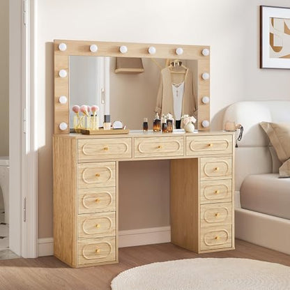 Fluted Vanity Desk with Mirror and Lights, Power Outlets, Modern Wood Vanity Desk Makeup Table with 11 Drawers, 3 Color Modes Dressing Table with Storage for Bedroom, Living Room, Natural - style: Natural
