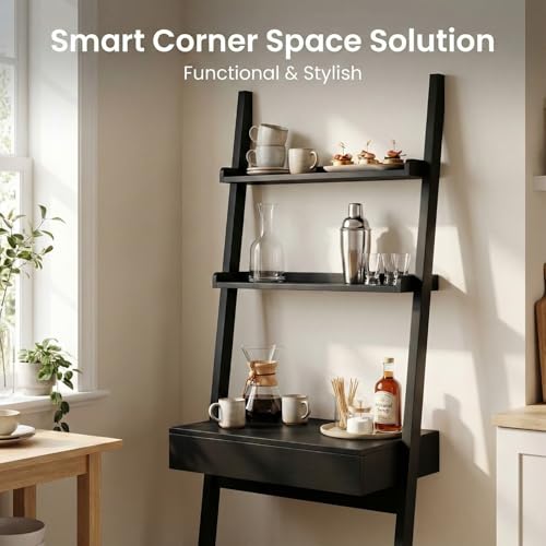 Home Office Desk with Ladder Shelf & Drawer, Computer Writing Desk with Storage Shelves, Modern Small Desk for Bedroom Study