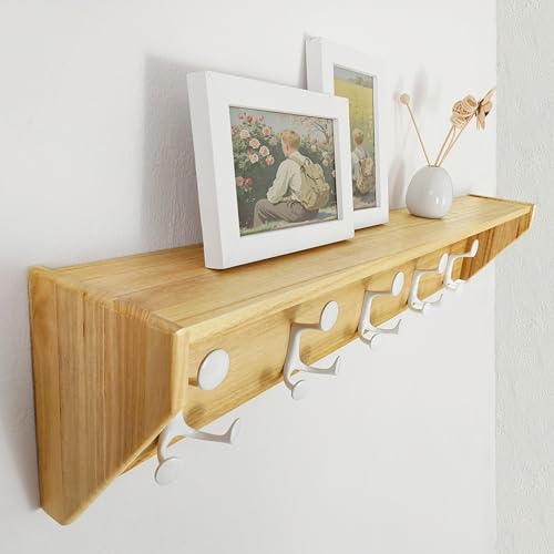 SKOLOO Wall Shelf with Hooks, 35-Inch Coat Rack Wall Mount with Shelf Organizer - Lightweight & Sturdy, 5 Tri Hooks - Perfect for Entryway, Hallway, Living Room, Bedroom, Mudroom, Natural & White - color: Natural & White, size: 35 inch with 5 hooks