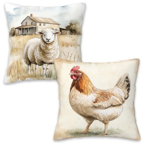 Throw Pillow Covers 18x18 Set of 2 | Farmhouse Animal Decorative Cushion Covers for Couch Sofa Bed | Rustic Chicken Sheep Pillow Cases for Living Room Bedroom | Country Home Decor Accent - color: Chicken Sheep
