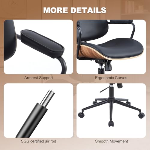 Mid Century Modern Office Chair with Armrest and Adjustable Backrest, Black | Wooden frame with armrests & adjustable backrest, swivel & height-adjustable, PU leather seat for home office comfort - color: Black