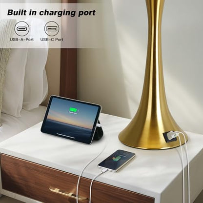 Rinweey 27.5" Gold Lamps Set of 2, Touch Control 3-Way Dimmable Bedside Nightstand Lamps Bedroom Lamp,Modern Gold Table Lamp with USB A+C Ports,Tall Lamps for Living Room End Table Home Office - color: Gold