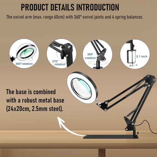 10X Magnifying Lamp with Light, HD Optical Glass Lens LED Desk Lamp, 3 Color Temperatures 6000K-3000K, 360° Adjustable Arm with Clamp & Stand, for Model Building, Soldering, Crafts, Reading, Manicure