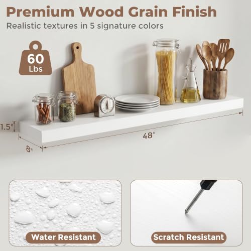 8 inch Deep Floating Shelves for Wall, 48" Wide, White Finish, 2-Pack | Engineered Wood Wall Shelves with Invisible Brackets for Living Room, Bedroom, Bathroom, Office & Kitchen Storage - color: White Finish, size: 48"W x 8"D, 2p