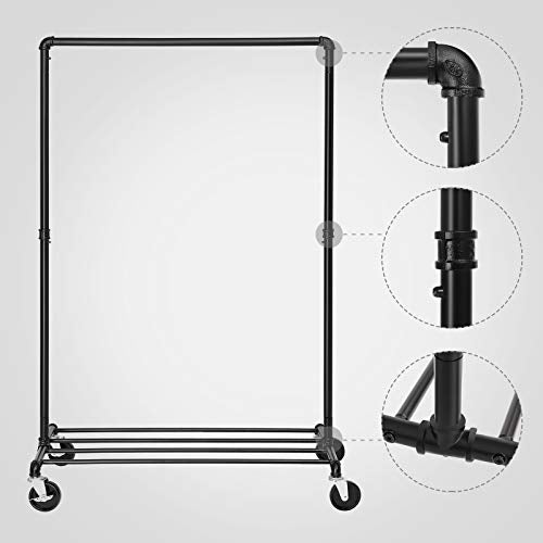 SONGMICS Heavy-Duty Clothes Rack, Clothing Rack for Hanging Clothes, Industrial Garment Rack on Wheels, Metal Frame, 2 Casters with Brakes, Commercial Display, Black UHSR61BK | Industrial Garment Rack for Hanging Clothes, 2 Casters with Brakes, Commercial