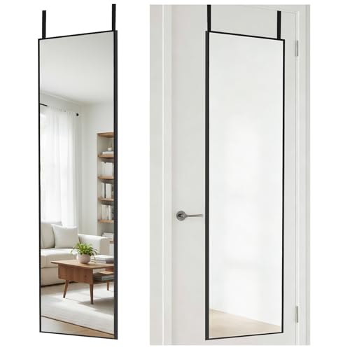 DUMOS 47x14 Full Length Mirror Over the Door, Wall Mounted Full Body Mirror, Door Hanging Metal Aluminum Alloy Frame Dressing Mirrors for Bedroom, Living Room, Entryway, Black - color: Black, size: 47"L x 14"W