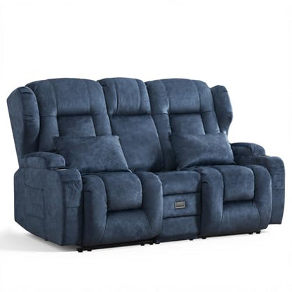Loveseat Recliner Sofa,RV Wall Hugger Recliners with Flip-up Console,Reclining Loveseat Sofa Recliner with Cup Holders/Lumbar Pillows for Small Spaces,RV Furniture (Blue,68" 2-Seater) - color: Blue, size: 68" 2-Seater