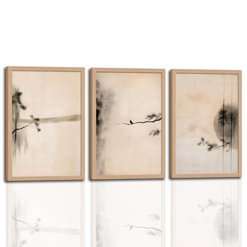 japanese zen wall art set of 3, Scandinavian Pine Tree Canvas Prints | Abstract Ink Landscape Canvas Prints, Neutral Pine Tree and Bird Artwork, for Living Room Bedroom Office 12x16 Inch - color: smallbirdbranch, size: 12x16 Inch