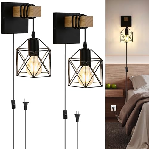 Lightess Farmhouse Plug in Wall Sconces Lamps for Bedroom Set of 2 | Easy Plug In Installation Without Wiring Work Industrial Wall Lights Metal Cage Lampshade Black Wall Mounted for Living Room - size: plug in