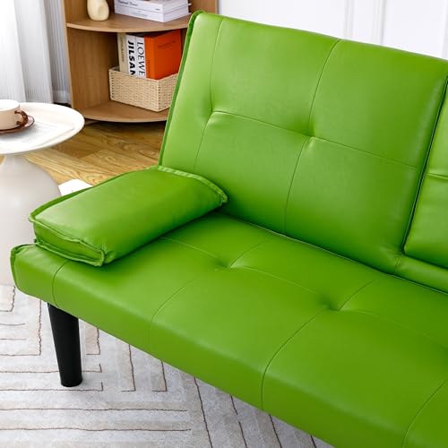 67" Futon Sofa Bed, Convertible Leather Futon Couch (Green) | Sleeper Bed Couches with Adjustable Backrest, Cup Holders, Comfy Folding Loveseat Couch for Small Spaces Living Room Office - color: Green