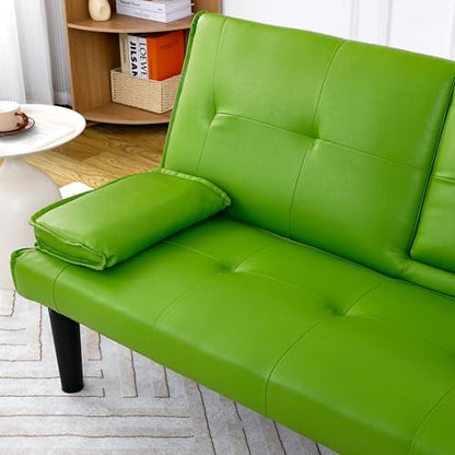 67" Futon Sofa Bed, Convertible Leather Futon Couch (Green) | Sleeper Bed Couches with Adjustable Backrest, Cup Holders, Comfy Folding Loveseat Couch for Small Spaces Living Room Office - color: Green