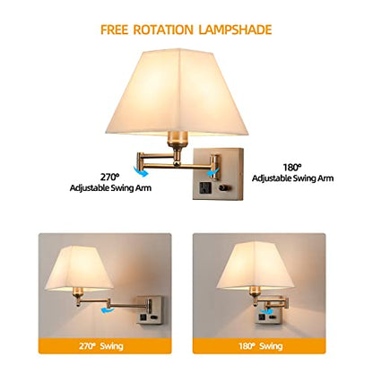 Plug in Wall Light,Swing Arm Wall Sconces with USB Port and Outlet,Wall Lamp with White Fabric Shade Dimmable Switch for Bedroom, Living Room , Office Nickel - color: Sand Nickel