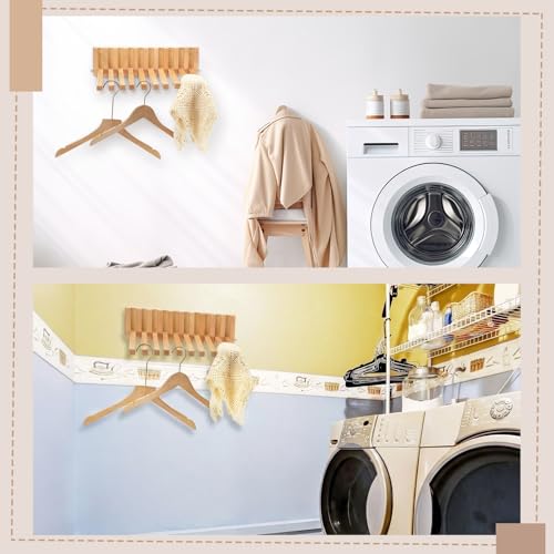 Beech Wood Wall Mounted Drying Rack for Laundry Room with 10 Mount Folding Coat Hooks Racks Drying Hanger for Bathroom Hat Towels Robes Rack Saving Space (Wood Color)