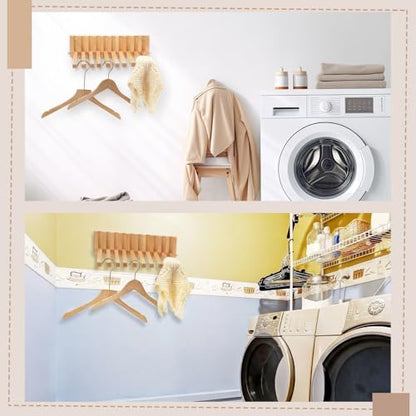 Beech Wood Wall Mounted Drying Rack for Laundry Room with 10 Mount Folding Coat Hooks Racks Drying Hanger for Bathroom Hat Towels Robes Rack Saving Space (Wood Color)