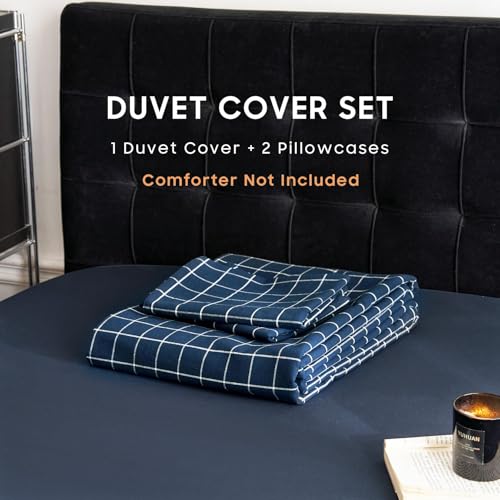 Wake In Cloud - Grid Cotton Duvet Cover Set, Plaid Checkered Geometric Farmhouse, 100% Washed Cotton Textured Bedding Set, 3 Pieces, Navy Blue, Twin/Twin XL Size - size: Twin/Twin XL