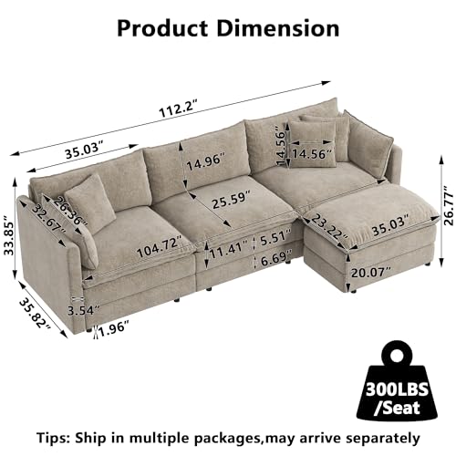 Aoowow Modular Sectional Sofa Modern Convertible L Shaped Couch,112.2 Inch Deep 3-Seater Sofas Set Comfy Chenille Cloud Sofas and Couches with Movable Ottoman for Living Room Apartment（Camel） - color: Camel, size: 3 Seat + Ottoman