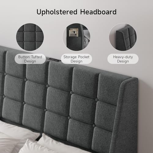 Ergonomic Upholstered Headboard Full Size w/Charging Station, Linen Wingback Headboards w/Storage Pocket, Full Headboard Only, Bed Frame Adapters, Sturdy Stable Solid Wood Bed Head Board, Dark Grey - color: Dark Grey, size: Full