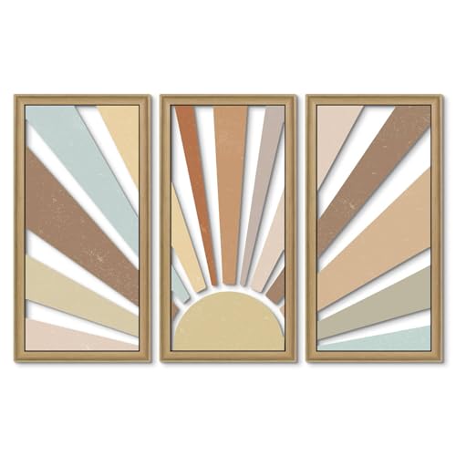 Putuo Decor Sun Boho Wall Decor Set of 3, Sun Rising on the Horizon Wall Art, Aesthetic Rainbow Nature Geometric Illustrations Line Art for Office or Living Room Decoration 16x8 in - color: Off White Antique
