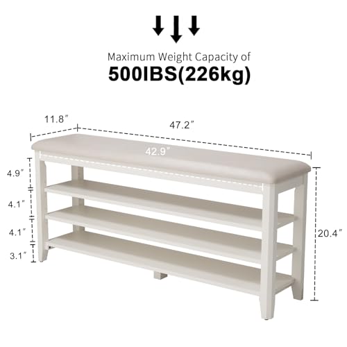 AQIMUELE Shoe Bench with Leather Cushion, 3 Tiers Shoe Storage Bench Height Adjustable, Walnut Wood Entryway Bench for Hallway, Mudroom - color: White, size: 47.2"