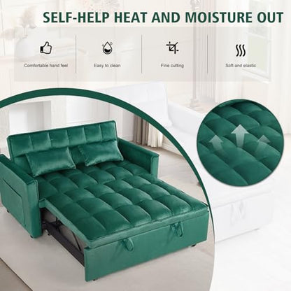 3 In 1 Velvet Convertible Sofa Bed, Pull Out Couch Bed with Reclining Backrest And 2 Pillows, 54" Full Size Loveseat Sleeper Sofa Futon Couch Beds, Couches For Small Spaces, Living Room (Dark Green) - color: Dark Green