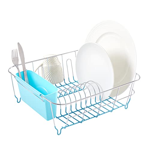 Dish Drying Rack & Cutlery Holder 2 Piece Set - Compact Sink-Fitting Dish Drainer with Rubberized Undercoating, Space-Saving Kitchen Organizer for Plates, Cups, Bowls & Utensils in Sink, Turquoise - color: Turquoise