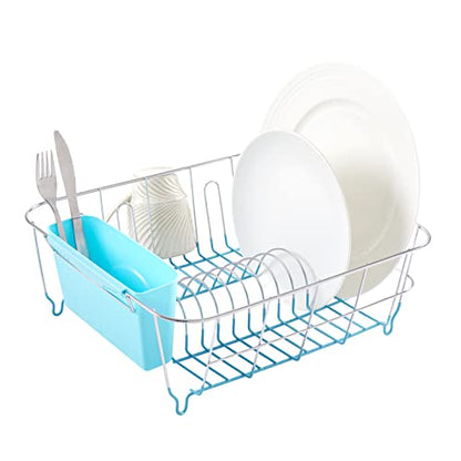 Dish Drying Rack & Cutlery Holder 2 Piece Set - Compact Sink-Fitting Dish Drainer with Rubberized Undercoating, Space-Saving Kitchen Organizer for Plates, Cups, Bowls & Utensils in Sink, Turquoise - color: Turquoise