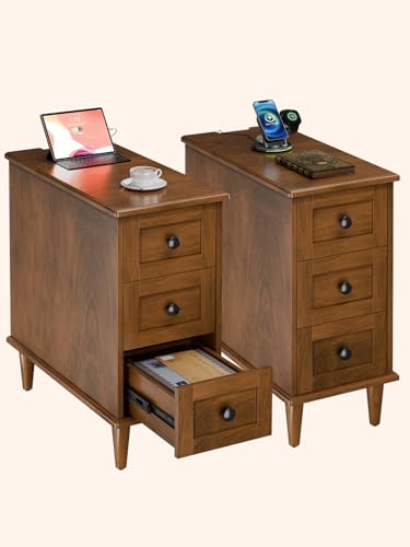 End Table Set of 2, Built-in Charging Station, No Assembly Required 3-Drawer Narrow Side Table with Outlets and USB Ports, Slim Nightstand for Living Room, Bedroom, Entryway - color: Brown, size: 1 Set