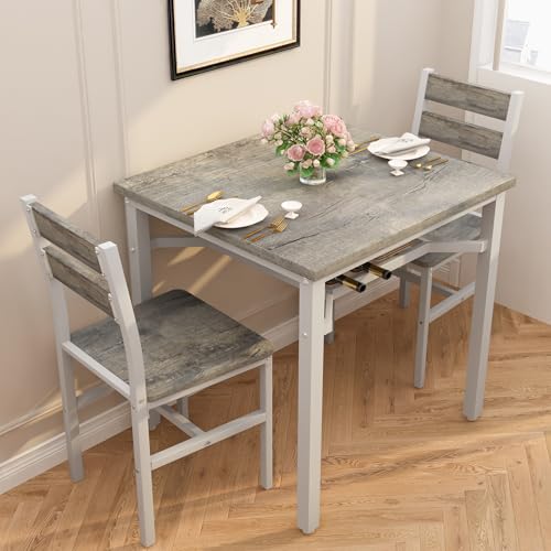 Hooseng 3 Piece Dining Table Set for 2, Small Wooden Kitchen Table with Storage, Farmhouse Square Dinette Set for Dining Room, Breakfast Nook, Apartment, Small Space - color: Grey