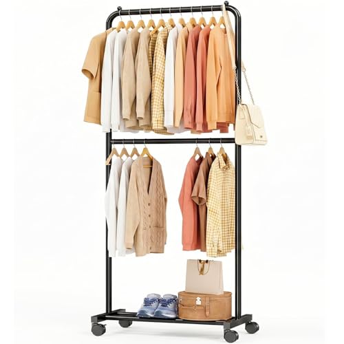 Standard Clothes Garment Rack, Portable Double Clothing Rack with Wheels and Bottom Shelf, Rolling Wardrobe Rack for Bedroom, Laundry Room, Black