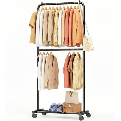 Standard Clothes Garment Rack, Portable Double Clothing Rack with Wheels and Bottom Shelf, Rolling Wardrobe Rack for Bedroom, Laundry Room, Black